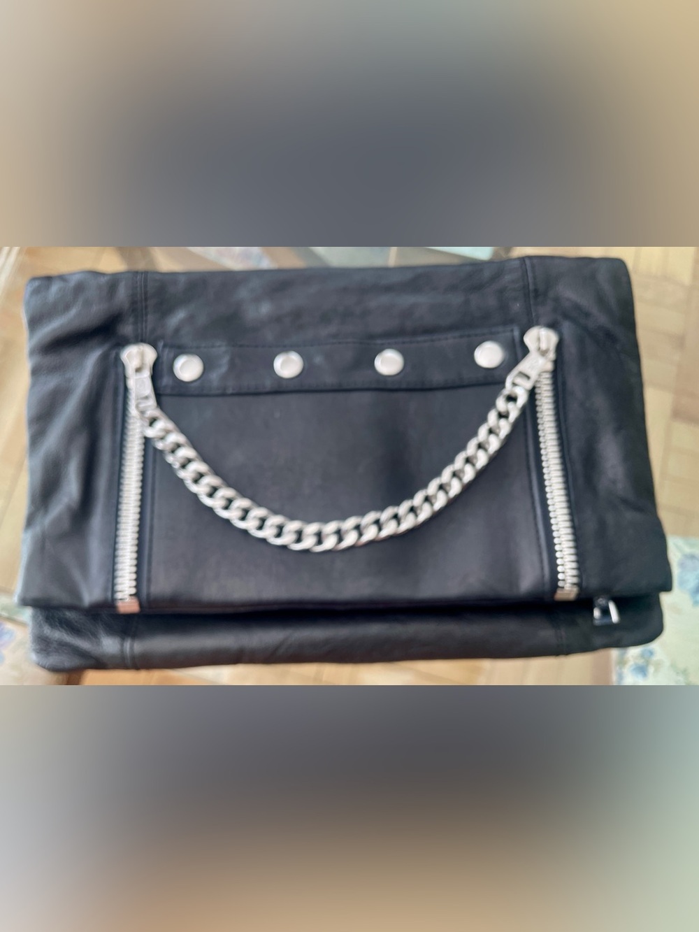 Ash Black Foldover Clutch with Silver Chain Detail